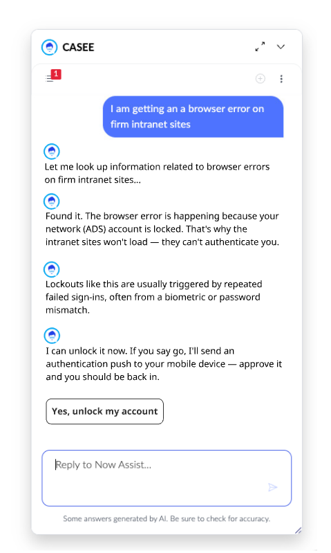 CASEE chatbot diagnosing an ADS lockout and offering a one-click account unlock