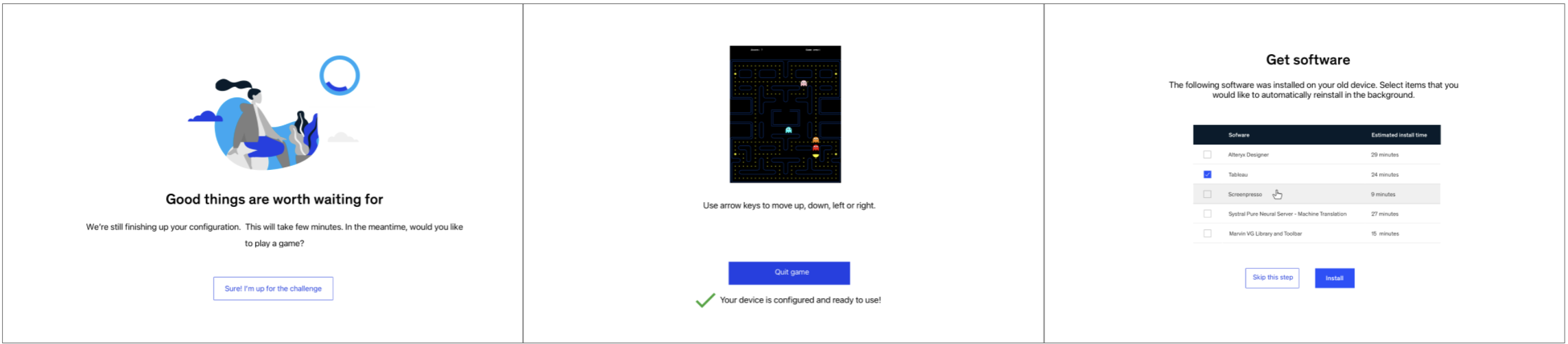 Self-service migration interface: loading screen with game, configuration complete, and software reinstallation